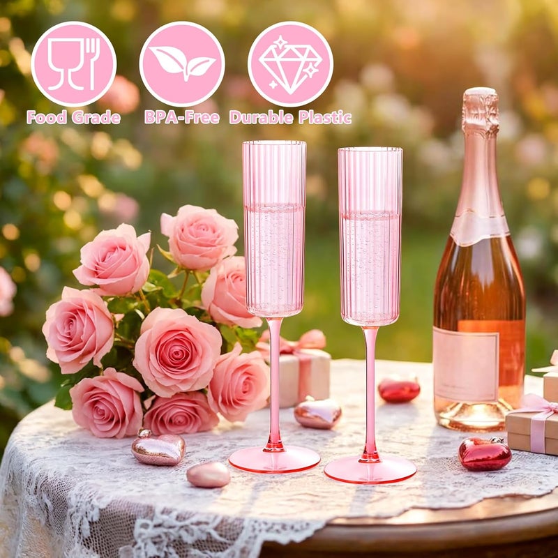 Joyido 36 Pack Pink Plastic Champagne Flutes - 6oz Ribbed Disposable Champagne Glasses - Clear Pink Vintage Mimosa Glasses with Long Stem Elegant & Lightweight for Valentine's Day Wedding Party - Image 5